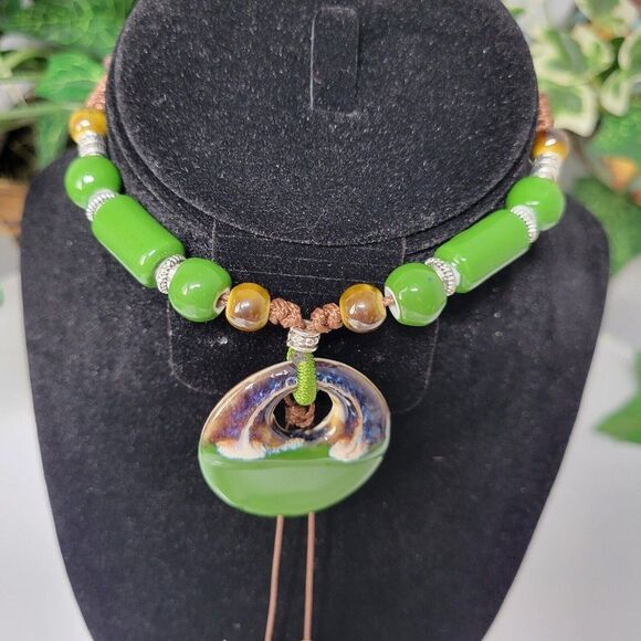Green Ethnic Necklace Ceramic Beads Adjustable Fashion Necklace Bohemian tassel - Picture 5 of 9